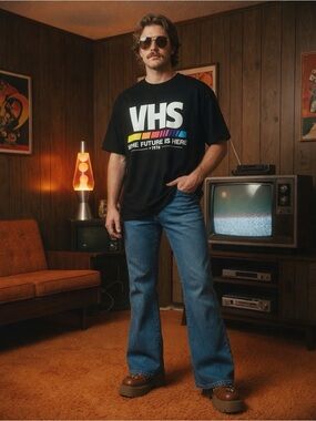 VHS The Future Is Here Graphic Tee Black Retro Rainbow 2XL Y2K Style Shirt